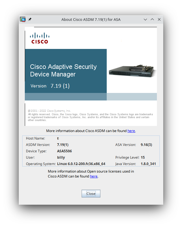 ASDM window showing version 7.19 and a Linux user agent